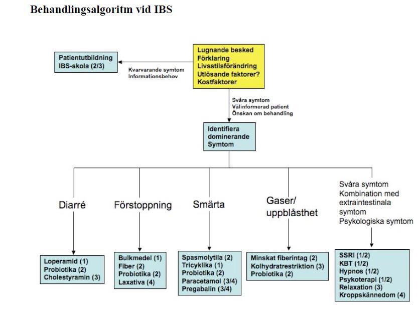 För ytterligare information om behandlingsstrategi på: http://www.svenskgastroenterologi.se/sites/default/files/pagefiles/riktlinjer_ibs.pdf http://www.svenskgastroenterologi.se/sites/default/files/pagefiles/bakgrundsdokument_ibs.