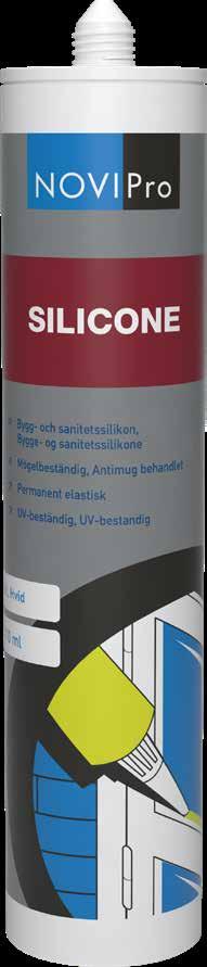 Bygg- och sanitetssilikon BYGG- OCH SANITETSSILIKON ART NR FÄRG INNEHÅLL 383 92 44 Vit 310 ml 383 92 45 Transparent 310 ml NOVIPro Bygg- och sanitetssilikon är en högkvalitativ neutral, elastisk