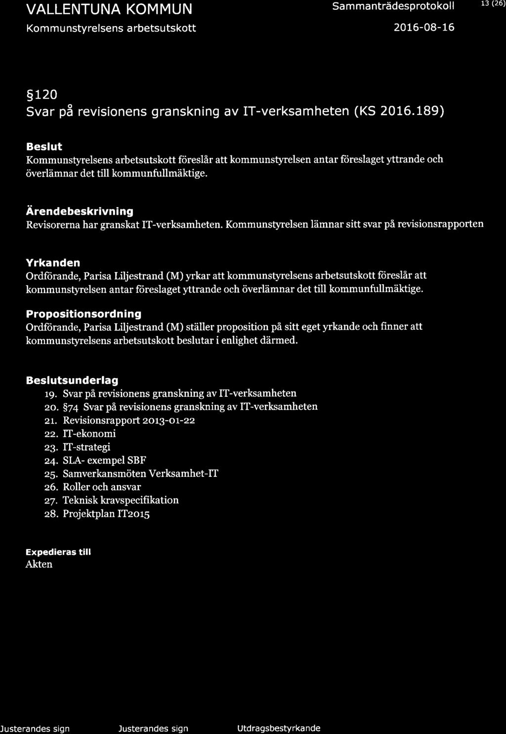 VALLENTUNA KOMMUN Kom m u nstyrelsens a rbetsutskott Sa mmanträdesprotokol I 2016-08-16 13 (26) s 120 Svar på revisionens granskn ng av lt-verksamheten (KS 2016.