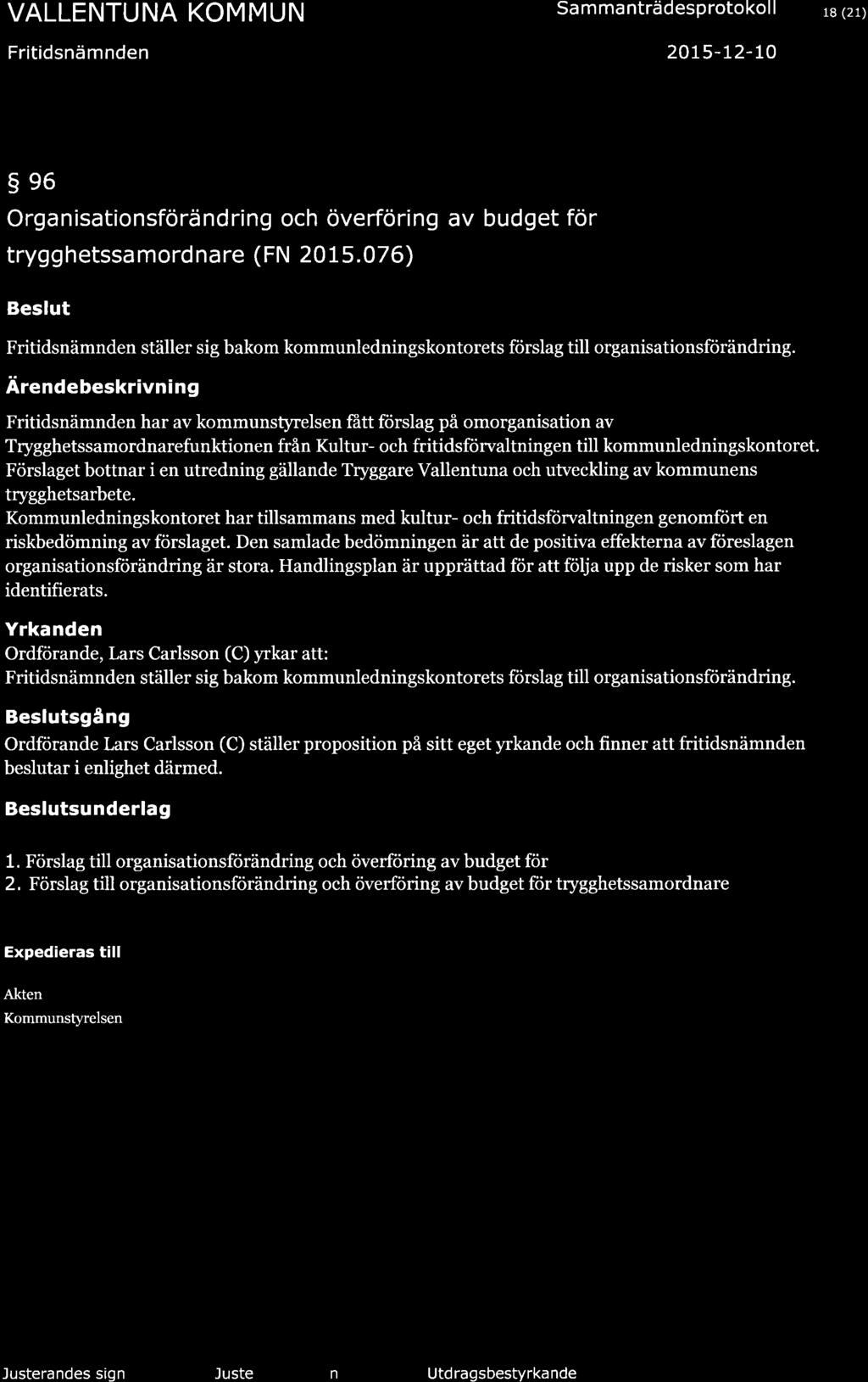 Fritidsnämnden Sa m ma nträdesprotokol I 2075-72-tO 18 (2 1) 5e6 Organisationsförändring och överföring av budget för trygghetssamordnare (FN 20t5.