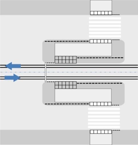 44(93) Vid anläggning av taktila markeringar på träplattform ska Trafikförvaltningens tillgänglighetsexpertis involveras från start. 4.4.4 Säkerhet Skyddsräcke eller motsvarande lösning ska finnas på plattformar som ligger mellan två körbanor, har förbipasserande cykelbana eller ligger i anslutning till nedåtgående sluttningar.