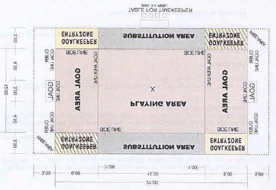 1:7 Avbytarområdet för spelarna på spelplanen är 15 m långt och c:a 3 m brett.