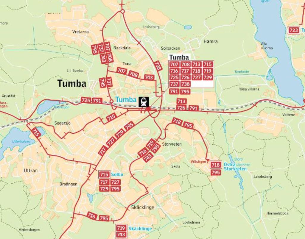 2.3 Kollektivtrafik Från Tumba station går pendeltåg mot Södertälje och Stockholm. Buss 718 trafikerar Harbrovägen och matar till Tumba station.