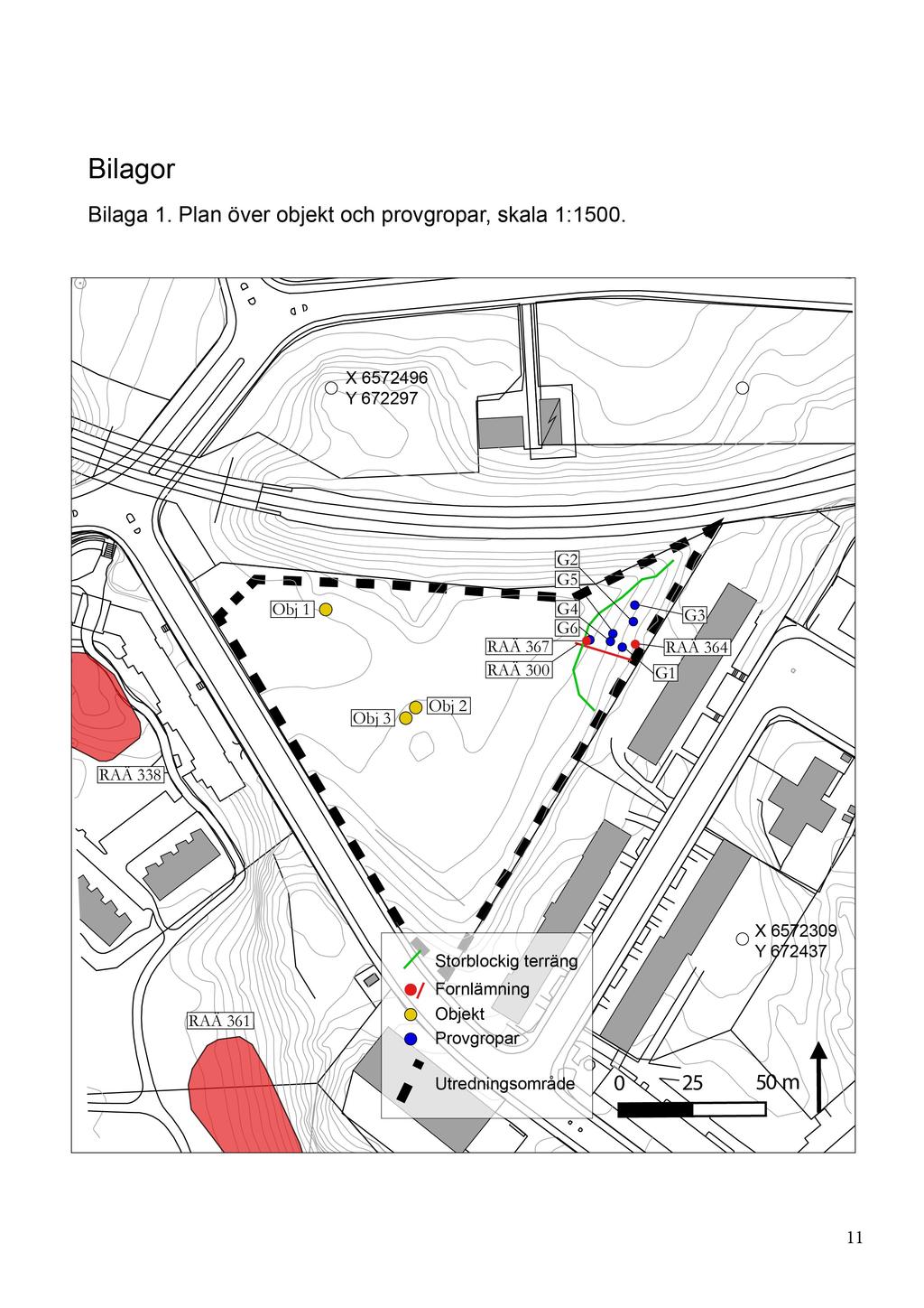 Bilagor Bilaga 1. Plan över objekt och provgropar, skala 1:1500.