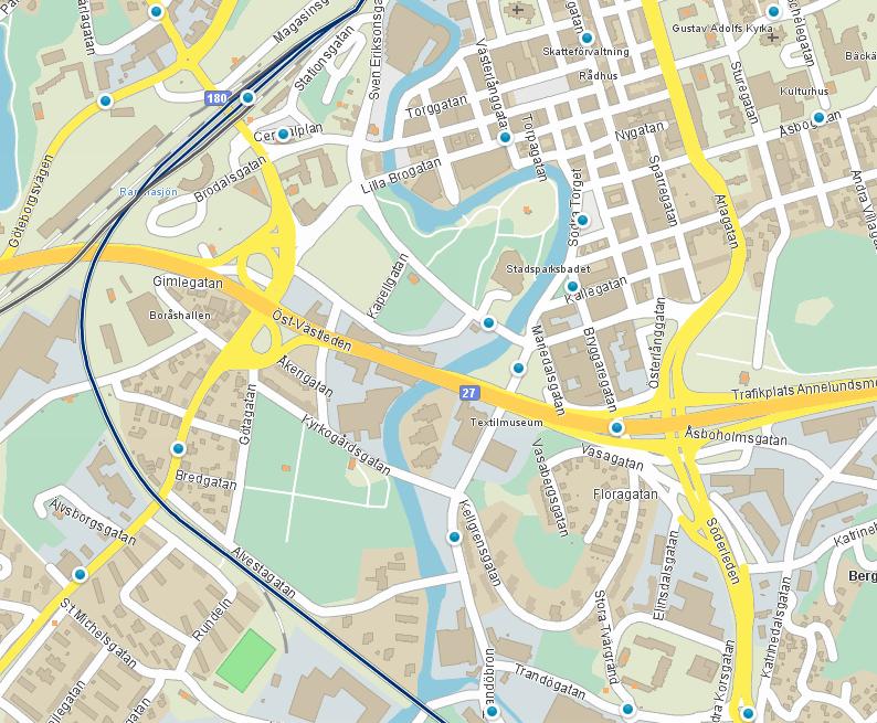 Resecentrum Södra Torget Söderbro Druvefors Cirklarna illustrerar 300 m ekvidistanslinje från närliggande hållplatser Figur 4 Översikt över hållplatser i anslutning till utredningsområdet (Källa: