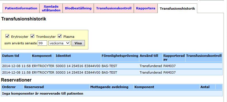 Dokument ID 10(10) 8 Transfusionshistorik I denna flik visas historik på alla rapporterade transfusioner. Man väljer om man bara vill se vissa typer av komponenter och kanske bara de senaste veckorna.