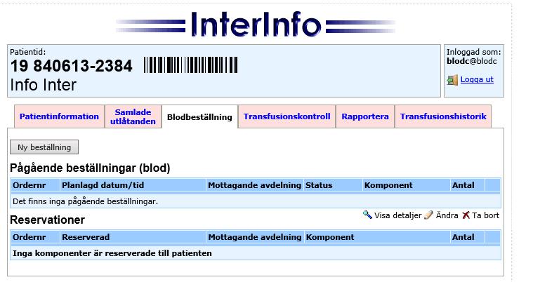 5 Blodbeställning Dokument ID 4(10) I fliken blodbeställning kan man beställa blodkomponenter samt se och ändra pågående beställningar Observera följande: