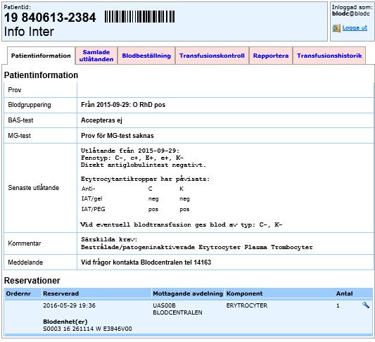 Kontakta blodcentralen vid ändring/radering av mottagen beställning.