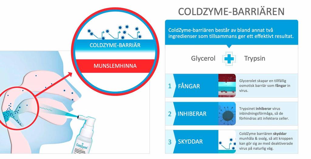 ENZYMATICA ÅRSREDOVISNING 2018 PRODUKTBESKRIVNING ColdZyme Munspray verkar mot orsaken istället för symptomen ColdZyme Munspray är unikt, det verkar mot orsaken till förkylningen, själva