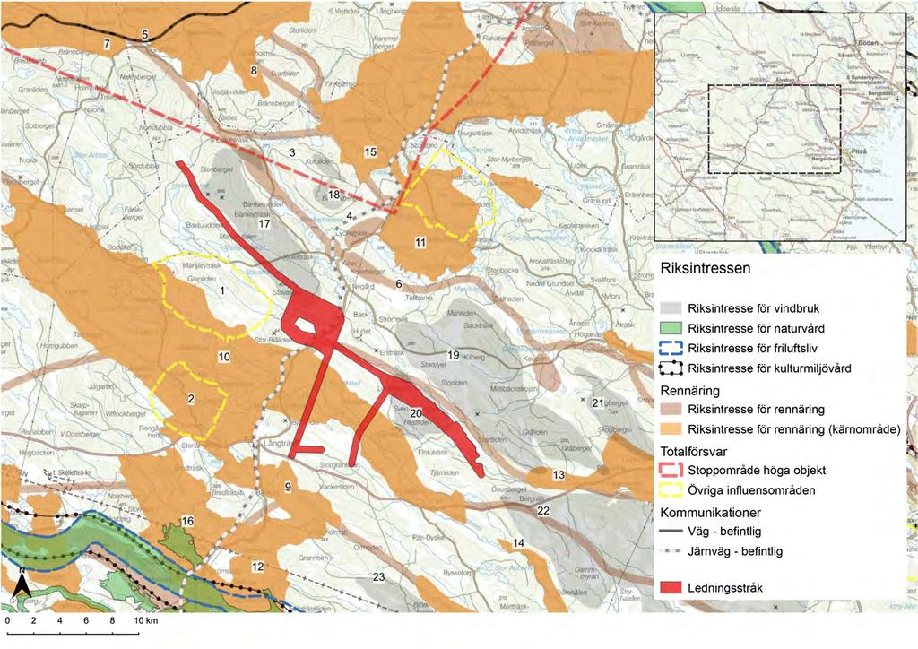 Områden av riksintresse Inom 10 km från de aktuella ledningsstråken - tio områden av riksintressen för rennäringen (varav nio kärnområden) - sju