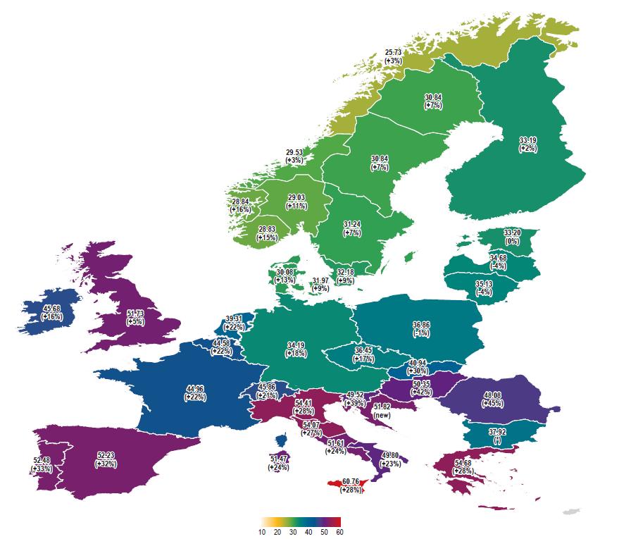 Figur 1 Genomsnittligt årligt elpris 2017 i euro/mwh för respektive elprisområde, samt inom parentes förändring jämfört med 2016.
