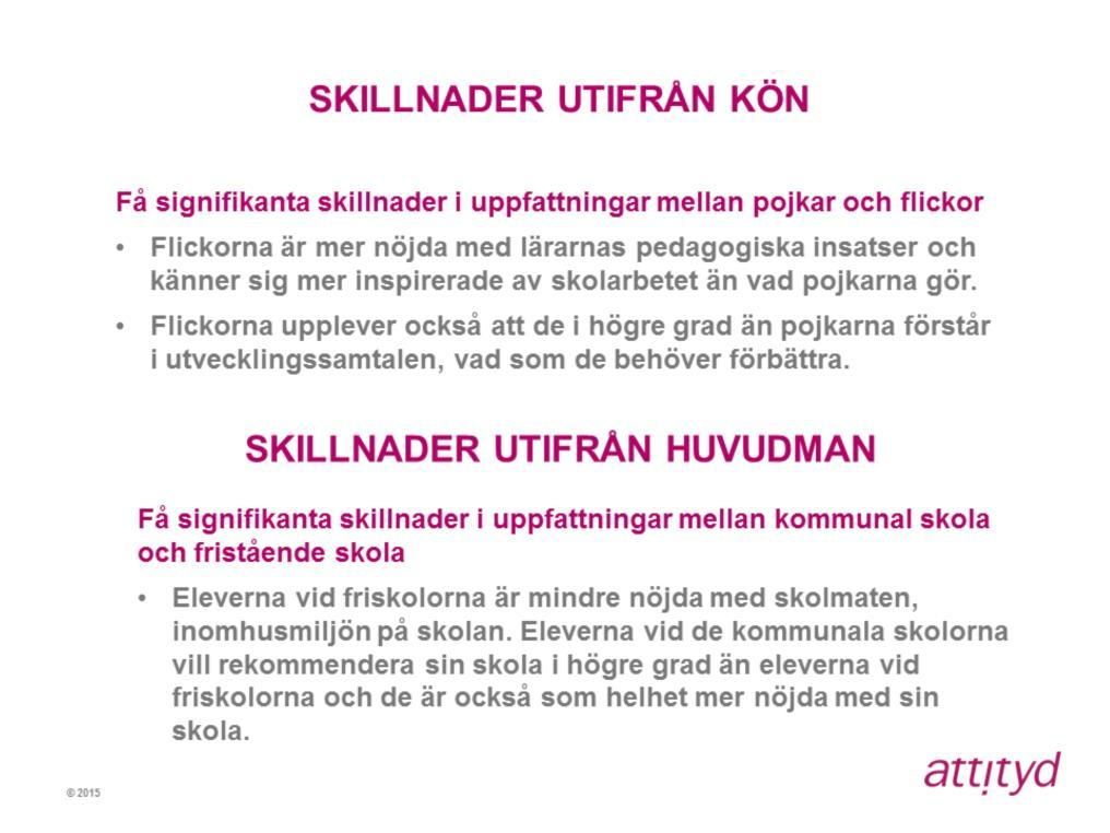 Få skillnader mellan pojkar och flickor Liksom tidigare års mätningar är det få signifikanta skillnader i uppfattningar mellan pojkar och flickor.