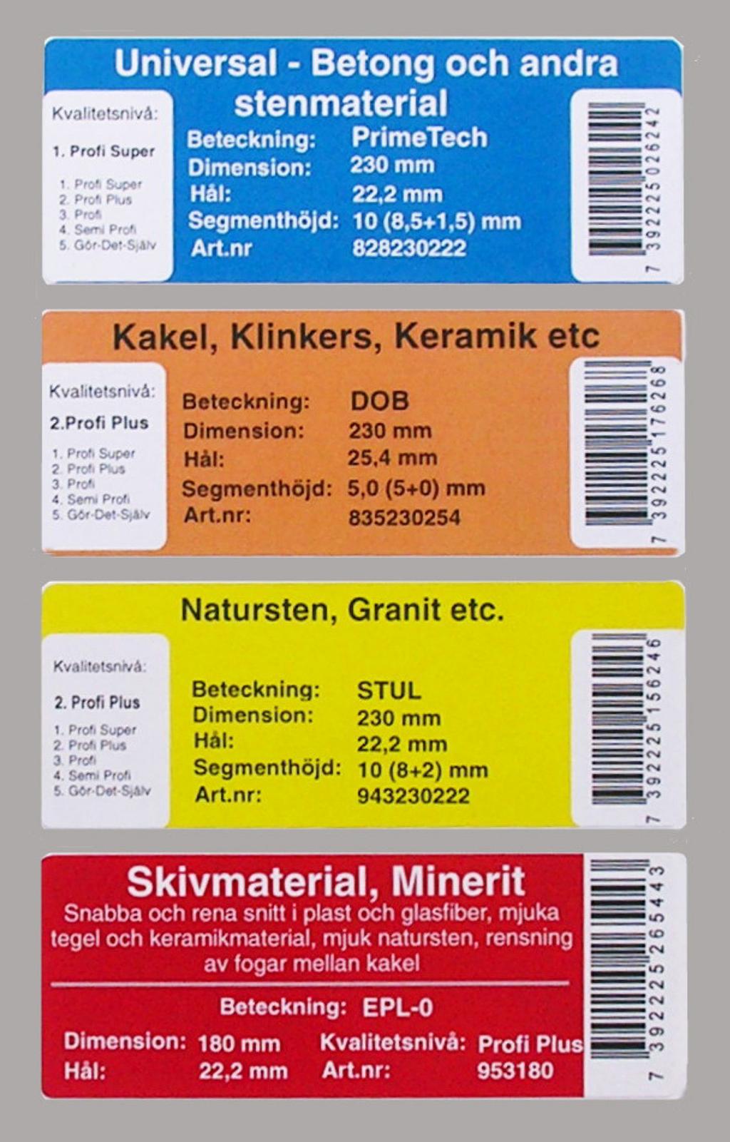 Alla proffsklingor är försedda med mäthål för att underlätta kontroll av segmentslitage. Stambladet är tillverkat i högvärdigt verktygsstål härdat till mellan 36 och 42 HRC (beroende på klingtyp).