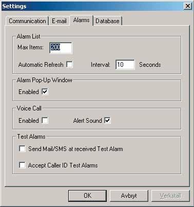 Installation Steg 6 Larminställningar Tryck på fliken [Alarms]. Alarm list [Max. items]: Här anger man max antal larm som skall kunna visas på skärmen, max antal är 1000st.