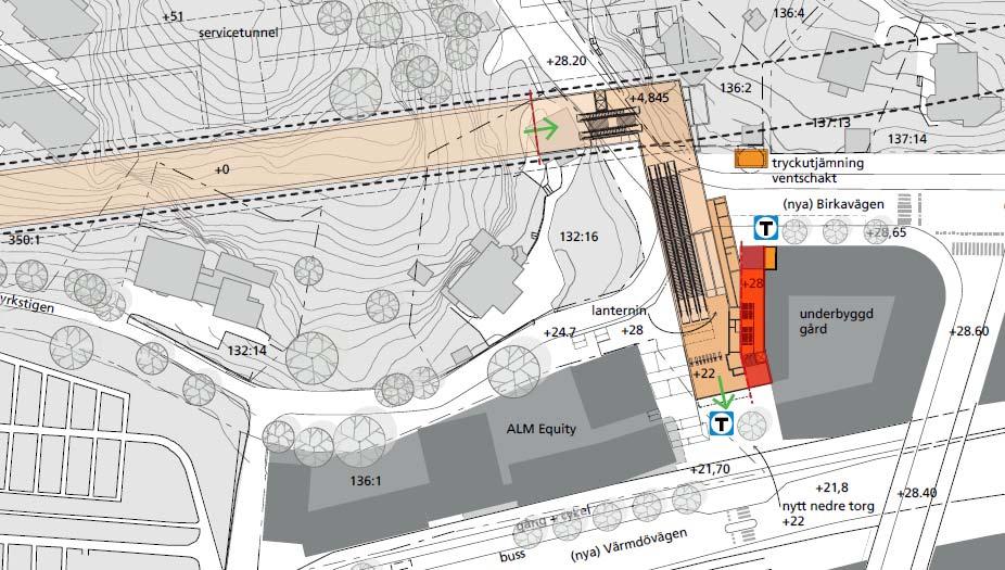 Kartan visar det område som markanvisningen avser. Inom detaljplanen ska en av de kommande tunnelbanestationerna i Nacka byggas.