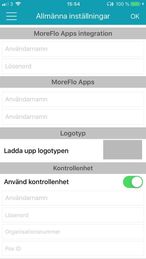 Inställningar och konfiguration Du kommer att få ett välkomstmejl med information och de uppgifter som skall anges för MoreFlo Apps (fd Central), kontrollenhet och kortintegration så snart dina