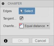 Fusion visar nu fönstret Chamfer, vilket innehåller direkta uppmaningar om vad som