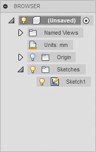 Lager I vår Browser för olika typer av lager har nu lagret Sketches skapats samt skissen Sketch1.