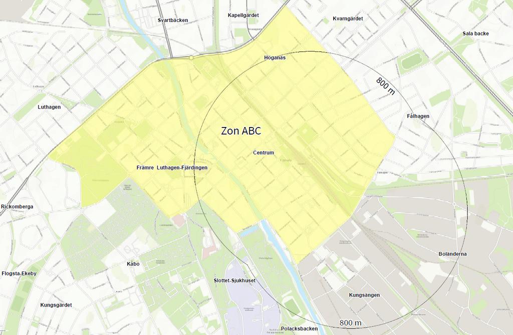 * Zon ABC Utgör en sammanslagning av parkeringsområde A, B och C enligt Uppsala kommuns Handlingsplan för parkering (april 2016).