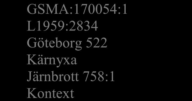 Etiketten ska innehålla i uppräknad ordning uppgift om: - GSMs inventarienummer, vilka delas ut av GSM (skrivs exempelvis GSMA:170045:1, GSMS:160023:5) - Lämningsnummer -