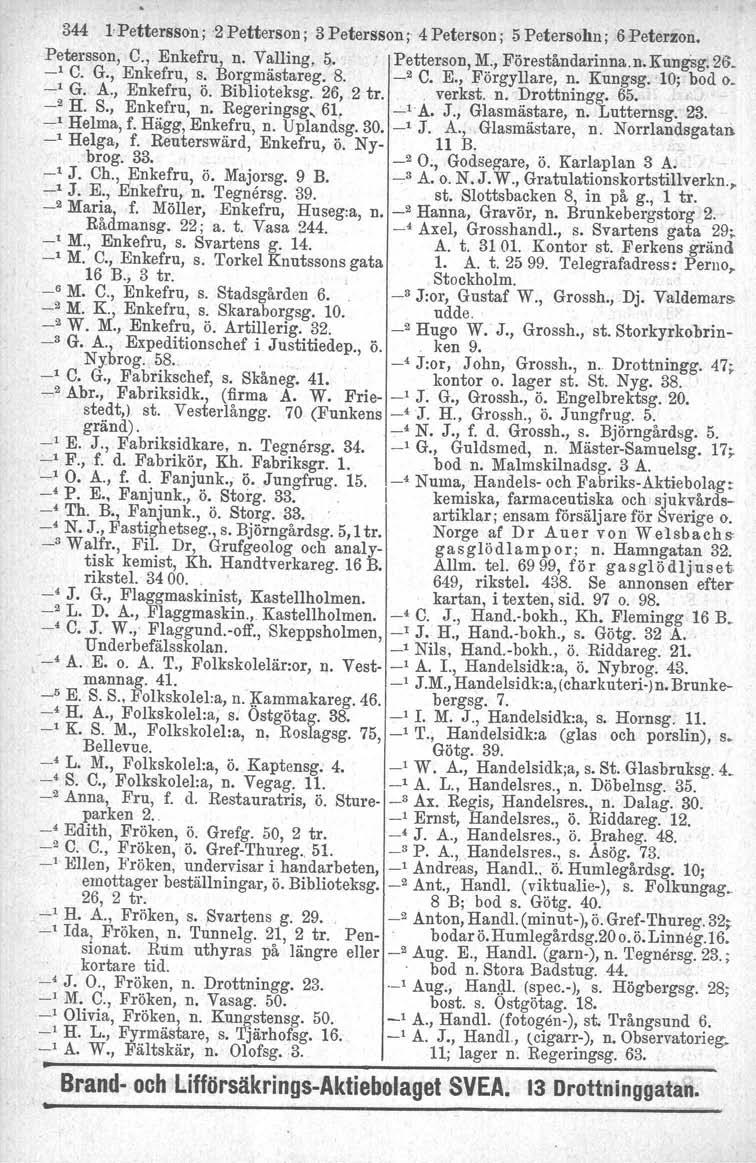 344 le Petterssonr-ä Petterson; 3 Petersson; 4 Peterson j 5 Petersohn; 6 Peterzon. Petersson, C., Enkefru, n. Valling, Ii. Petterson, M., Föreståndarinna.n.Kung'sg. 26. _l C. G., Enkefru, s.