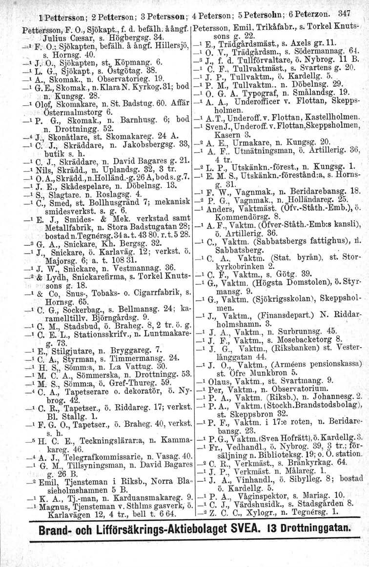 'lipetterssim'; 2 Petterson; 3 Petersson; 4 Peterson; 5 Petersohn: 6 Peterzon. 347 Fettetsson,,F. O., Sjökapt., f. d. befälh. åångf. Petersson. Emil. Trikåfabr., s. Torkel Knuts- \.