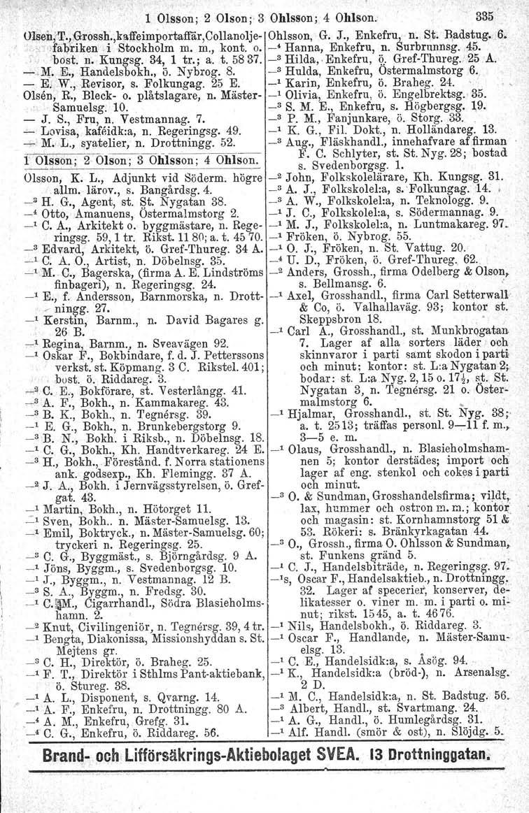 1 Olsson; 2 Olson ; 3 Ohlsson; 4 Ohlson. 335 Ol.sen;':l'~l:~r()Ss~.,kaffeimportaffär,C()llanolje- Ohlsson, G. J., Enkefru,,, n. St. Badstng'..,6. 1~"fa1):nken.1. Stockholm m. m., kont. o.