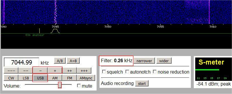 Bild 3. Viktiga markerade inställningar i WebSDR för användning i FLDIGI, här för 7045 khz och THOR11 som exempel. Du hittar öppna SDR-mottagare på nätet på websdr.org [1], t.