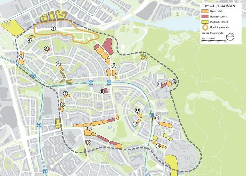 Sida 21 (23) kollektivtrafiknära lägen, majoriteten av bebyggelsen lokaliseras inom 700 meter från tunnelbana.