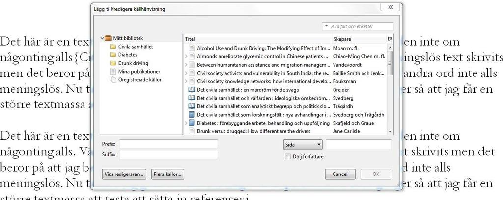 Då ser du hela ditt Zotero-bibliotek och kan välja vilken mapp du