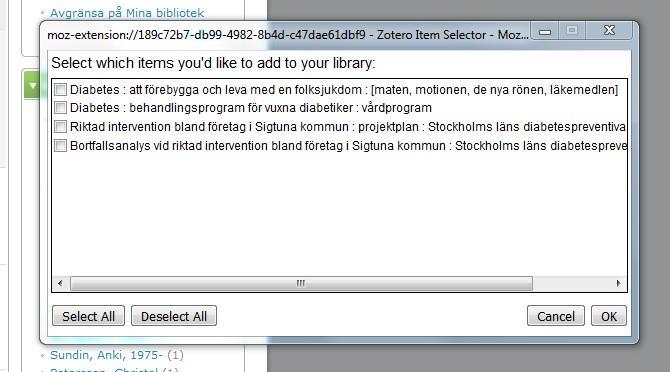 Även i Libris kan du välja att spara ner en hel träfflista med referenser. Klicka på dokumentikonen (som visar en mappikon). En ruta öppnas och du måste välja vilka referenser du vill spara.