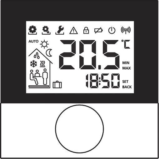 3 Operation Display with function indications Room temperature Time Rotary Control Meaning Meaning Menu Functions active Menu Parameters active Menü Service aktiv Important note/ malfunction Child