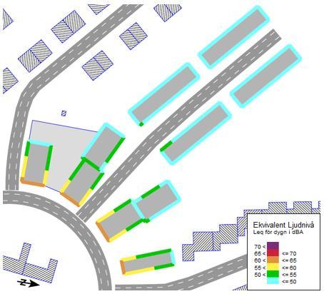 Figur 4: Ekvivalent ljudnivå vid fasad för BTH Bostads norra del På bilaga redovisas: Ekvivalent ljudnivå från vägtrafik som ljudutbredningen 1,5 m över mark på bilaga A01. 6.