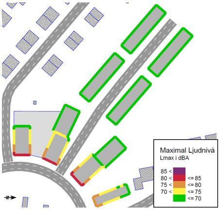 Figur 7: Maximal ljudnivå vid fasad BTH Bostads norra del På bilaga redovisas: Maximal ljudnivå från vägtrafik som ljudutbredningen 1,5 m över mark på bilaga A02. 7 Kommentarer 7.