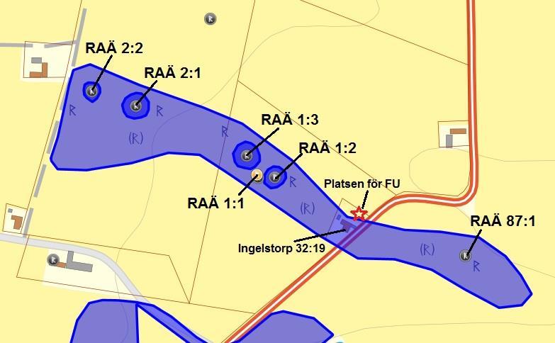 Figur 3. Fornlämningar i omedelbar närhet av fastigheten Ingelstorp 32:19. Fastigheten ligger delvis inom RAÄ Ingelstorp 1:1, ett grav- och boplatsområde.