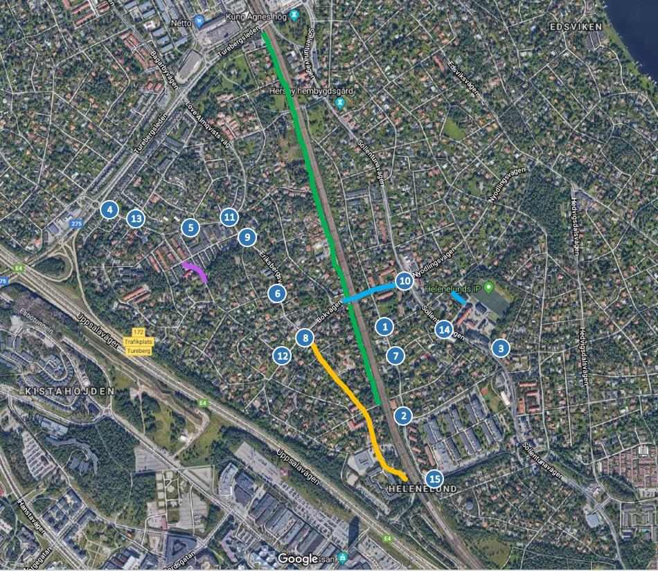 Figur 2. Kartan visar föreslagna åtgärder kopplat till övergångsställen, korsningar, gång- och cykelbanor samt belysning i Helenelund. 3.