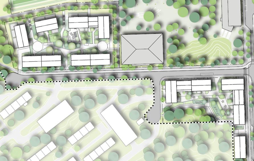 Illustrationsplan över möjlig utformning av Kvarter A och B. Kvarteren är utformade för att skapa en tydlig gräns mellan bostadsgård och allmän platsmark.