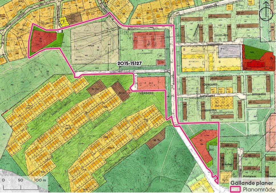 Gällande planer för området. Användningen tillåter skolverksamhet, idrott, park och gata. Planområdesgräns markerat i rött.
