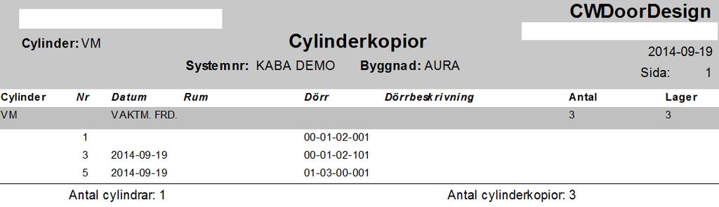 Sidan 6 av 6 Rapporter baserade på information som lagts in med QuickDoor Rapporterna kan köras per vald cylinderkolumn i schemat, för en uppsättning markerade