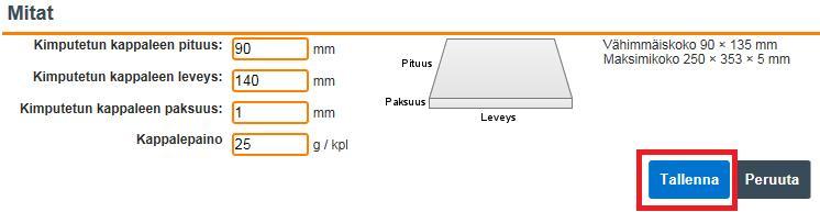 Försändelsens dimensioner Här efterfrågas dimensionerna och vikten på den försändelse som ska delas ut. Genom att klicka på länken Muokkaa (Ändra) kan du ange informationen.