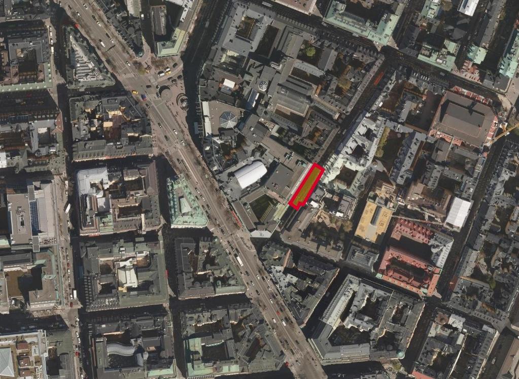 Sida 6 (9) Ortofoto med ungefärligt markanvisningsområde markerat. Birger Jarlsgatan löper i nordsydlig riktning på bilden och Stureplan syns i nordväst.