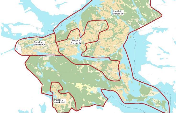 Figur 2 - Nacka kommuns områden för grundtal (Orminge markerat med svart cirkel i område B). 3.1.