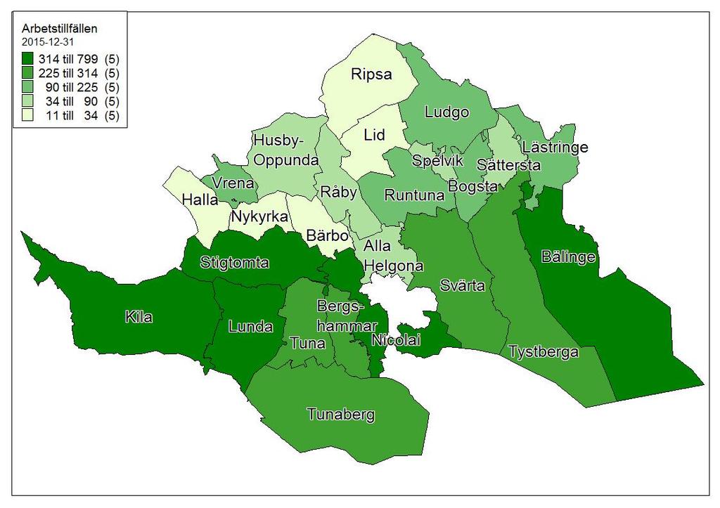 3.6 Arbetstillfällen på kommundelsnivå I tabellen och kartan nedan redovisas antalet arbetstillfällen i de olika socknarna i Nyköpings kommun 215-12-31.