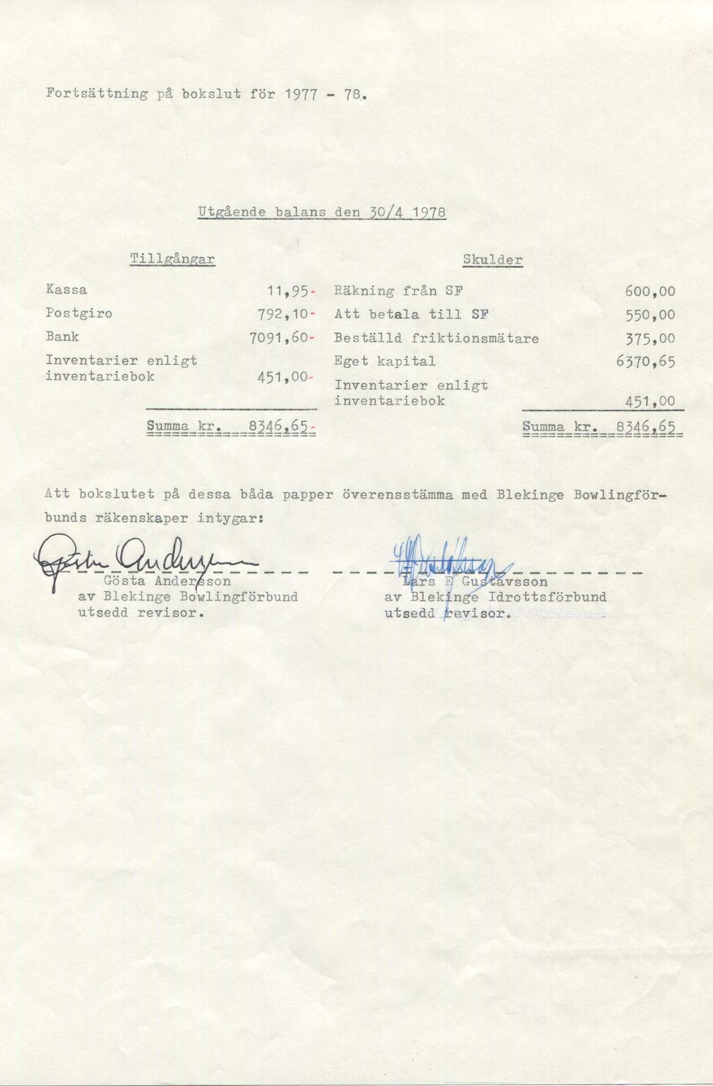 Fortsättning på bokslut för 1977-78.