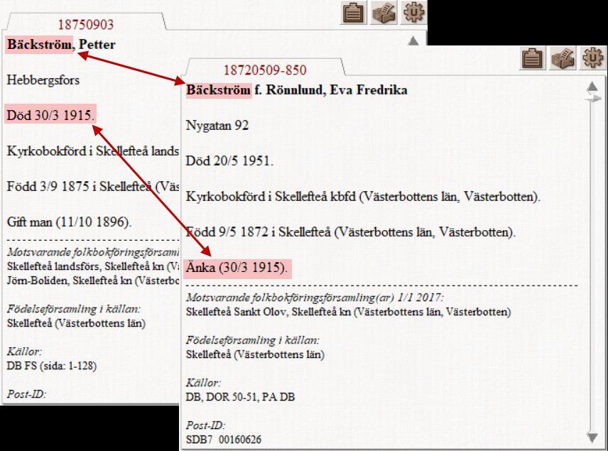 Lätt att söka fram makar Efternamnet Dödsdag för den ene är dag för civilståndsändring för den andre Oftast har de avlidit i samma församling