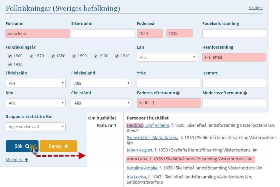 Söka barn Barn saknar vanligtvis uppgift om efternamn.