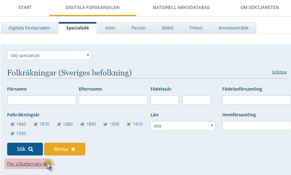 Besöka Digitala Forskarsalen Tjänsterna startas enklast genom att gå till Folkräkningarna på nätet.