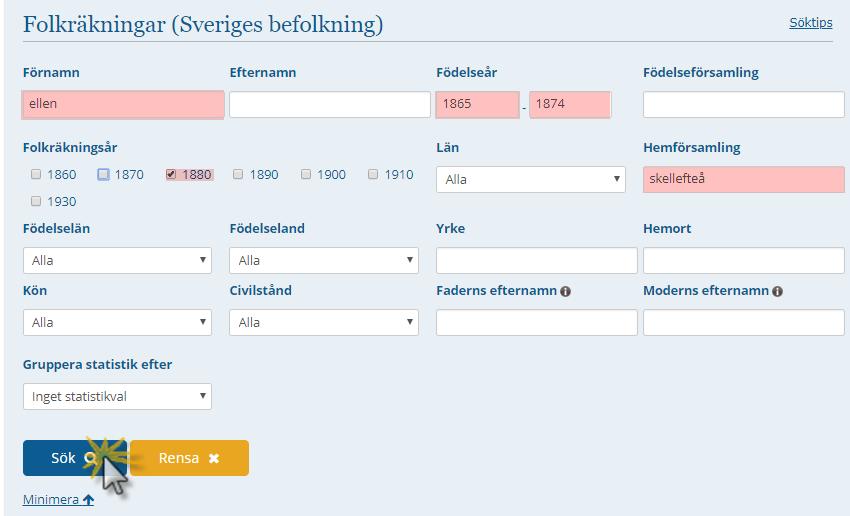 #1; Fyll i sökkriteria Vi söker en flicka som heter Ellen i förnamn född ca 1865-1874 utifrån att