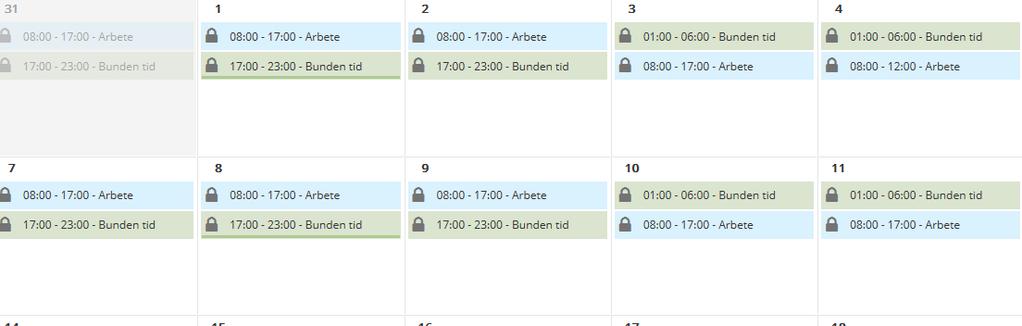 Jour/beredskap Så här ser det ut i kalendern när du har ett jour- eller beredskapsschema kopplat i anställningen.