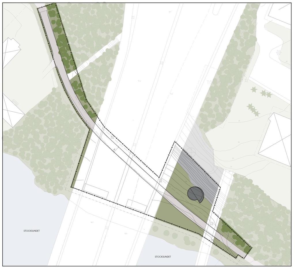 6(9) Mark och vegetation Aktuell plats är belägen mellan broarna för E18 respektive bron för Roslagsbanan över Edsviken. Mellan Edsviken och planområdet går en gångväg med belysning.